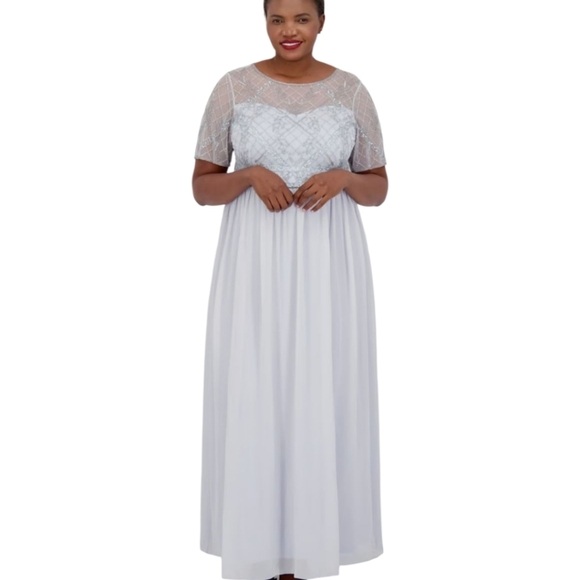 Adrianna Papell Flowy Icy Light Blue Lace Beaded Evening Gown Sz 14W - Picture 1 of 9